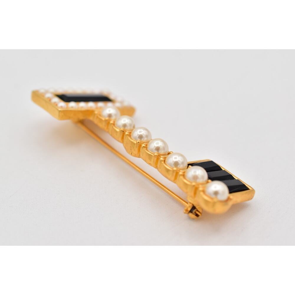 Karl Lagerfeld Vintage Key Brooch Pearl Black Crystal Gold Runway Signed Bin5B - Picture 7 of 12